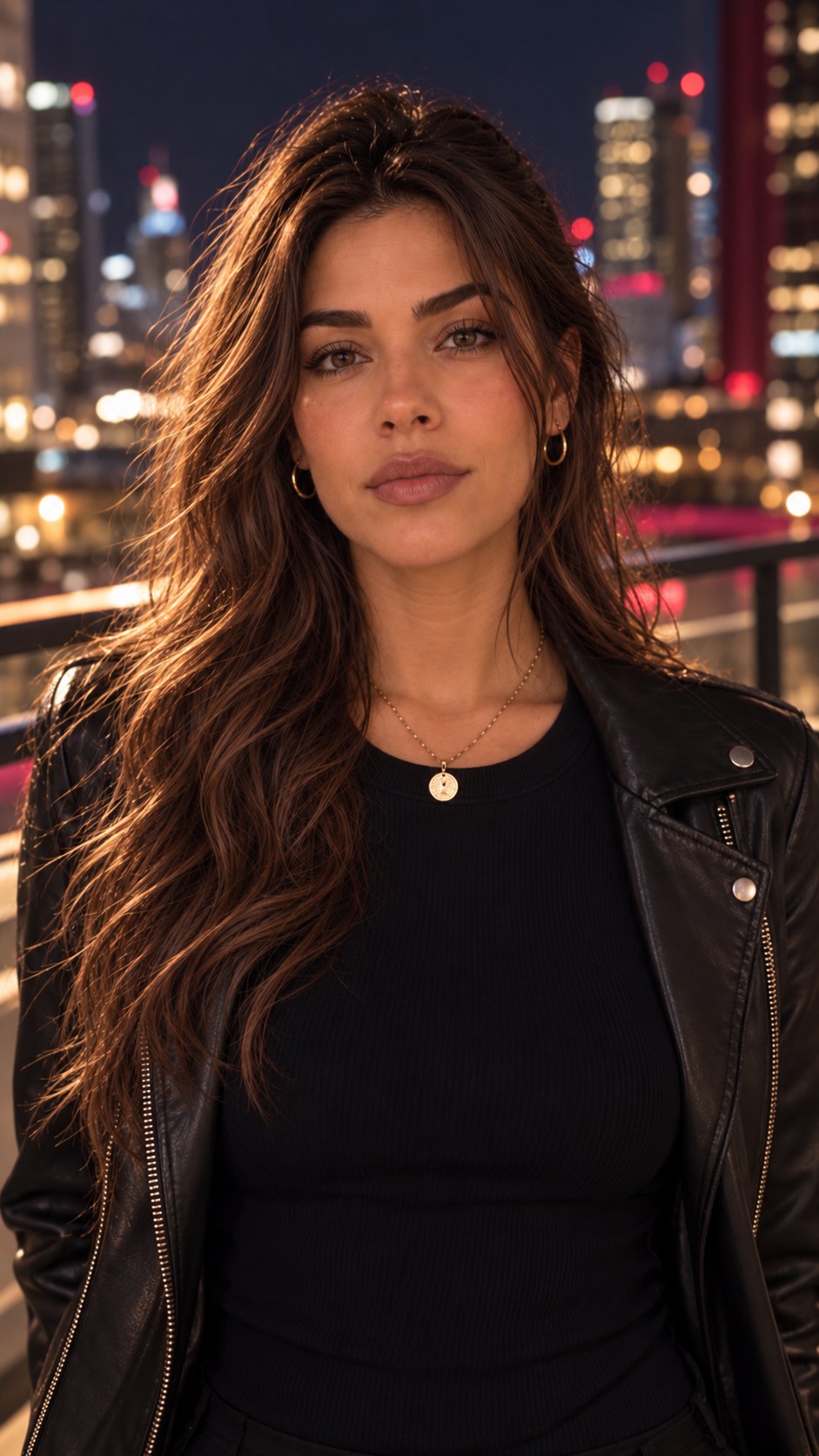 Lola con campera negra y luces de ciudad